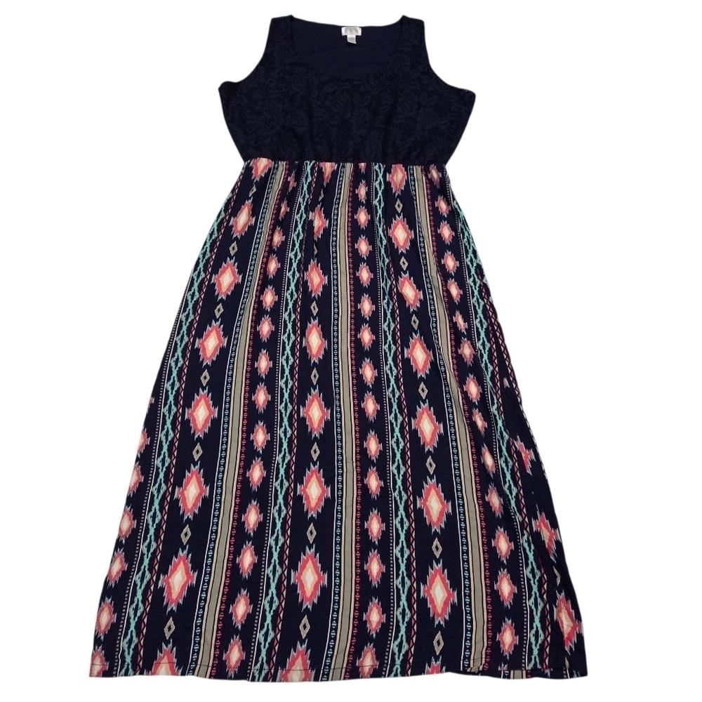Women's Sleeveless Boho-Chic Maxi Dress Casual Southwestern Dark Blue Bodice 3X